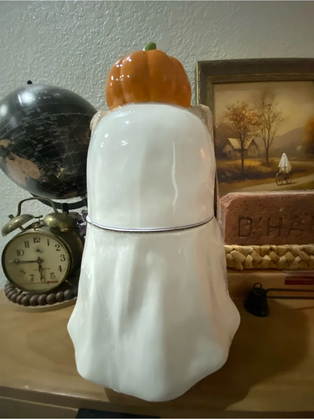 Ceramic Ghost Bear Cookie Jar in White with Pumpkin Hat